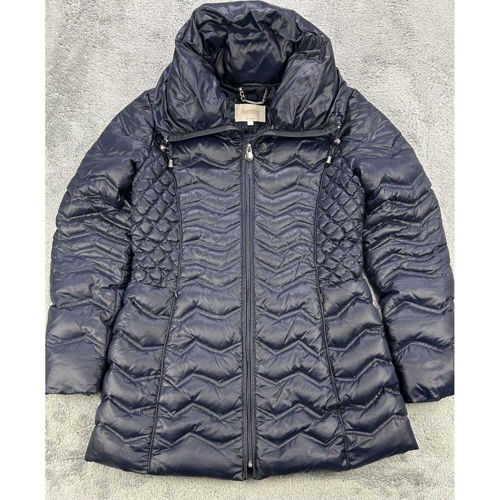 Laundry by Shelly Segal Womens M Navy Blue Puffer Chevron Down Coat Nylon